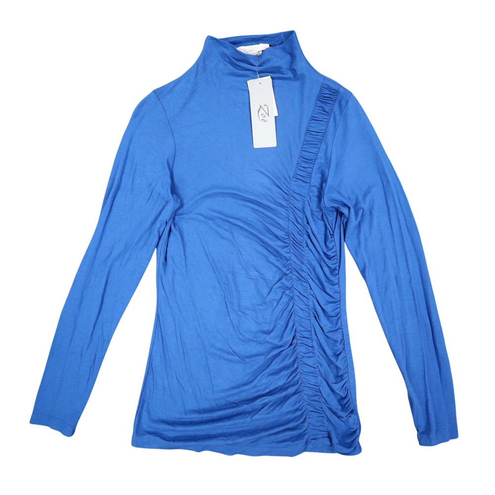 Zoé Ruched Mock Neck Top Womens P/S Blue Rayon Stretch Long Sleeve Canada NWT